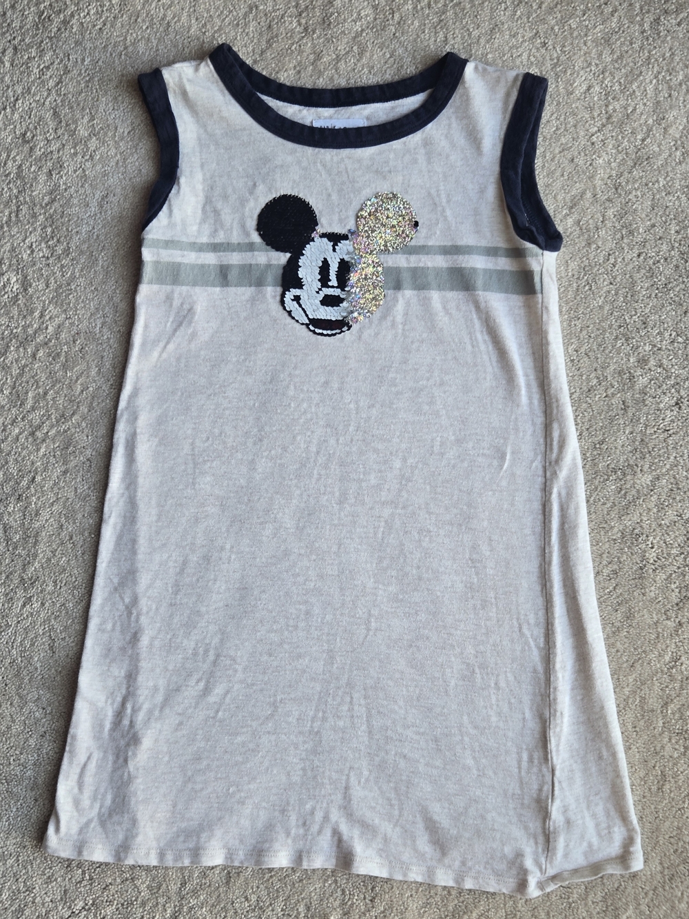GAP Girls Heathered Oatmeal Tank Dress with Navy Trim and Sequin Mickey